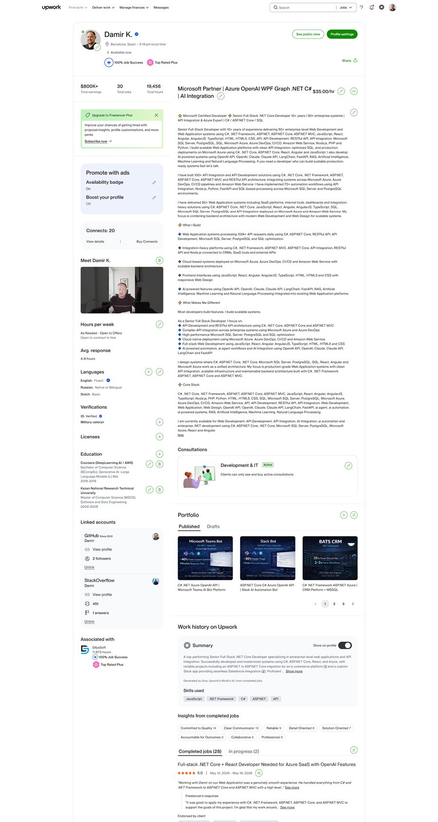 Damir Khusainov Upwork profile screenshot